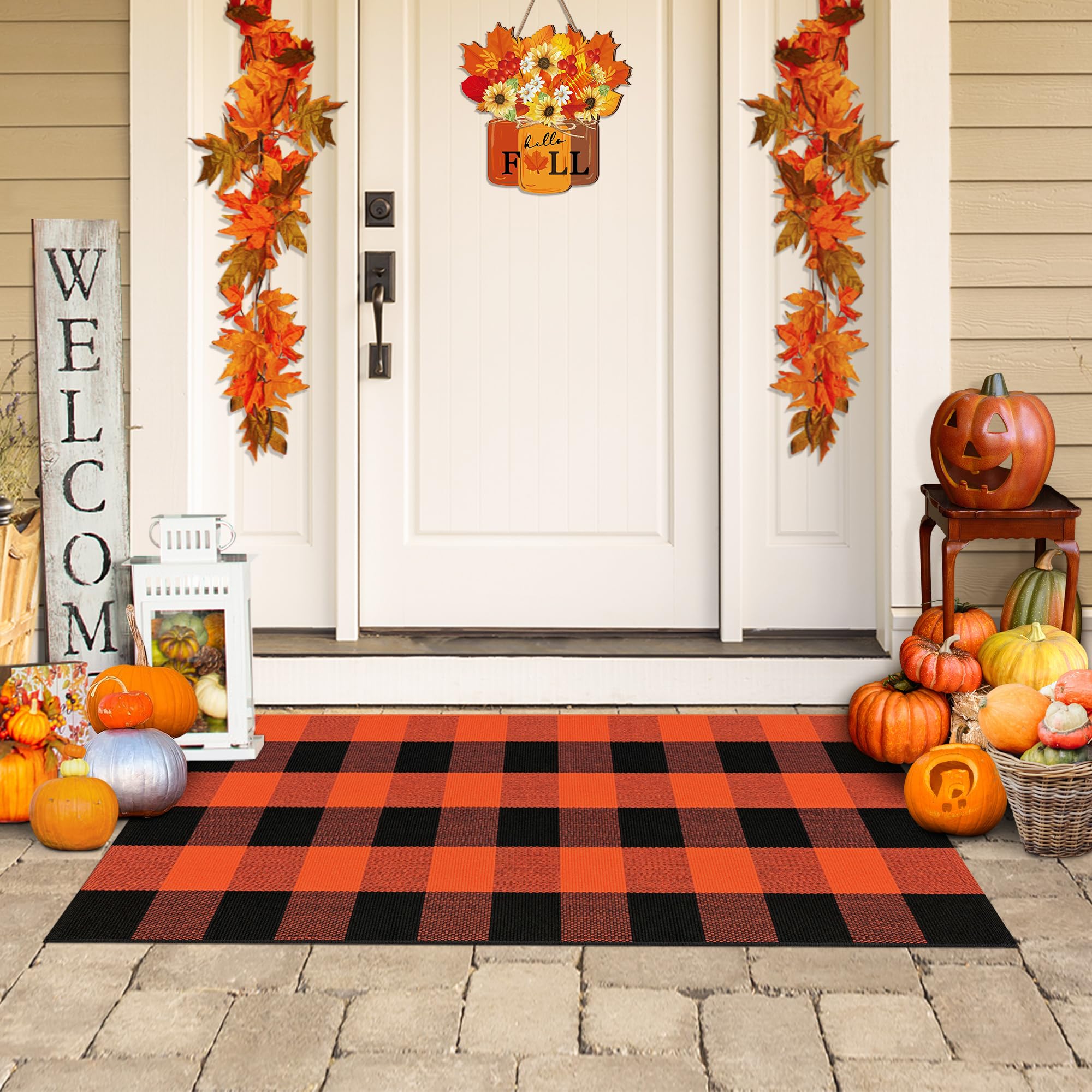 Buffalo Plaid Outdoor Rug 2x4.3 Orange/Black Washable Checkered
